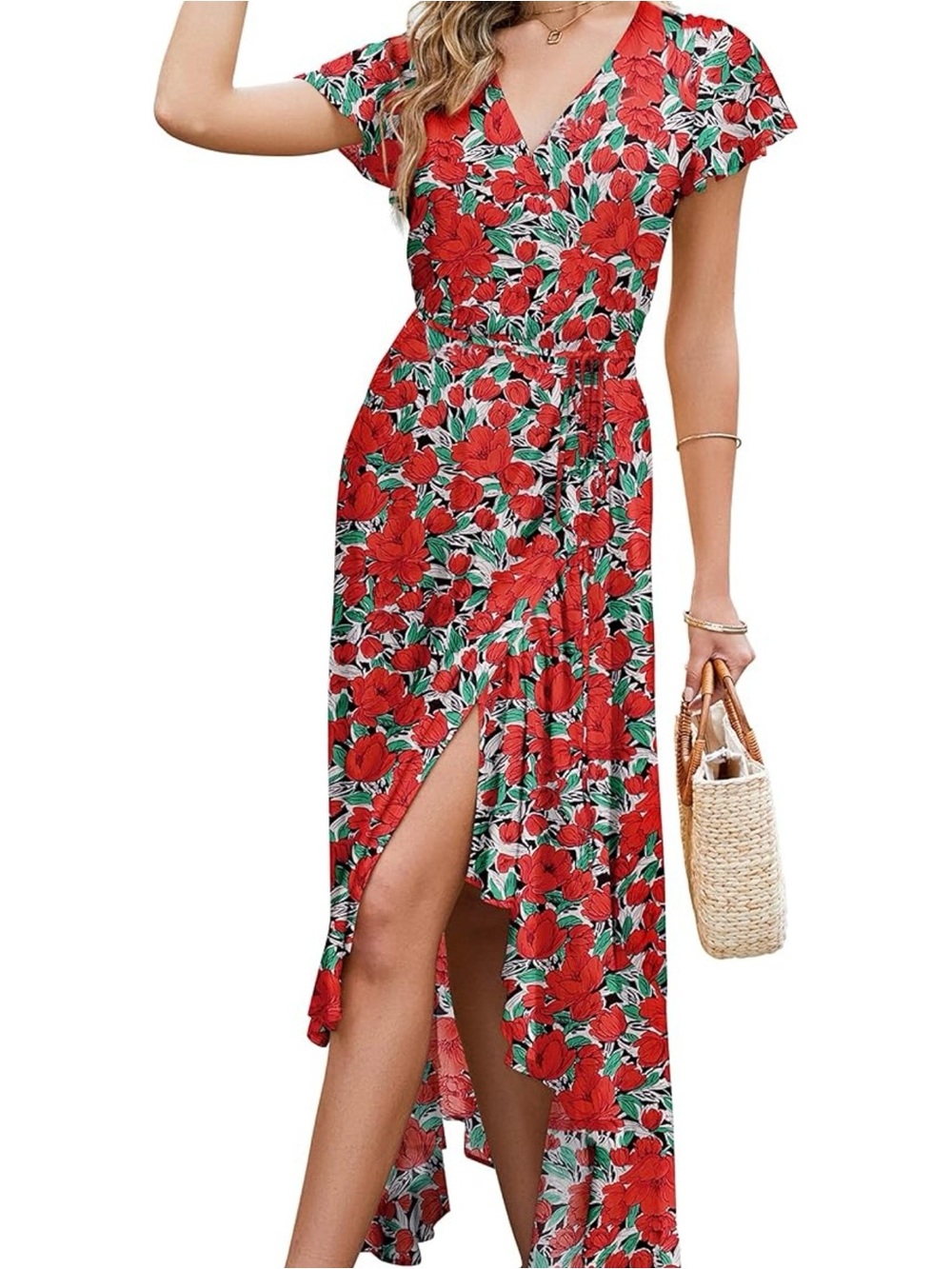 NEW-Women’s Vibrant Red Floral FlutterSleeve RuffleHem Flowy Hi/Lo Wrap Dress LG